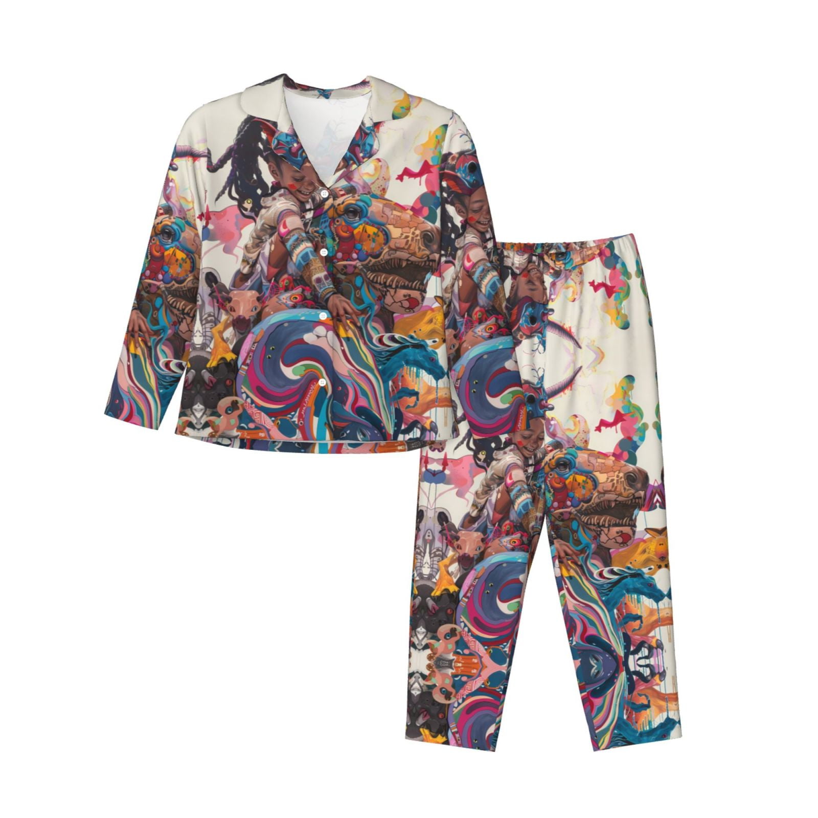 Pajamas for Women Set - Fantasy Colorful Beast Comfy Long Sleeve Button ...