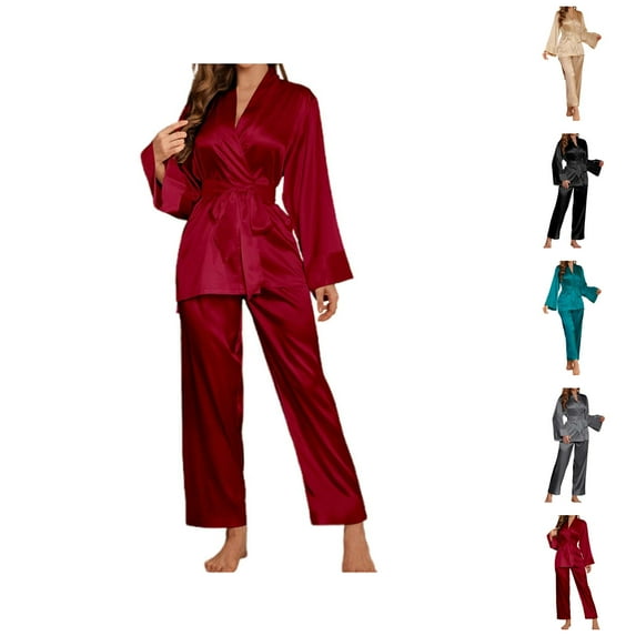 Pajamas for Women Set – Fitted Pajama Sets & Minimalist Lounge Wear Silk Pajama Set For Women Elegant Solid Color Robe And Long Pants Two Piece Loungewear