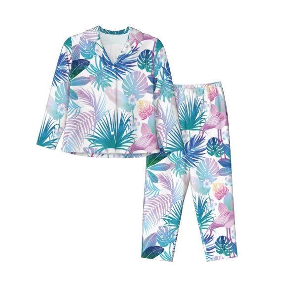 Pajamas for Women Set - Flamingo Palm Leaves Comfy Long Sleeve Button Up Pajama Sets for Women 2 Piece, Soft Sleepwear Nightwear Pjs Lounge Sets for Women with Pockets