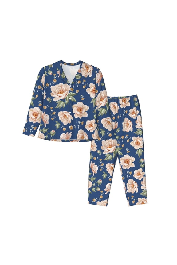 Pajamas for Women Set - Flower print G Comfy Long Sleeve Button Up Pajama Sets for Women 2 Piece, Soft Sleepwear Nightwear Pjs Lounge Sets for Women with Pockets