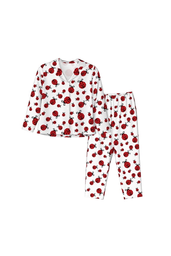 Pajamas for Women Set - Fly Flying Ladybug Comfy Long Sleeve Button Up Pajama Sets for Women 2 Piece, Soft Sleepwear Nightwear Pjs Lounge Sets for Women with Pockets