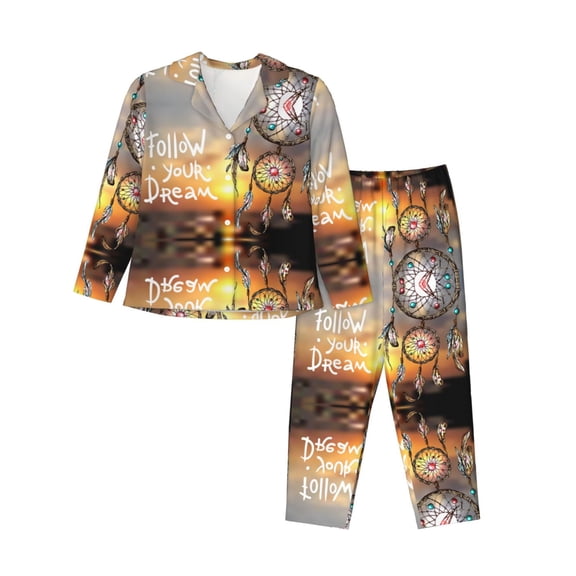 Pajamas for Women Set - Follow Your Dream Dreamcatcher Comfy Long Sleeve Button Up Pajama Sets for Women 2 Piece, Soft Sleepwear Nightwear Pjs Lounge Sets for Women with Pockets