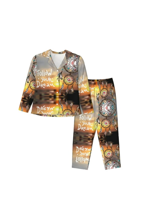Pajamas for Women Set - Follow Your Dream Dreamcatcher Comfy Long Sleeve Button Up Pajama Sets for Women 2 Piece, Soft Sleepwear Nightwear Pjs Lounge Sets for Women with Pockets