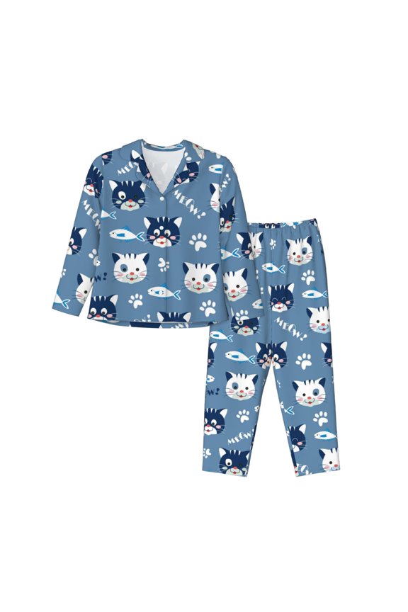 Pajamas for Women Set - Funny Cute Cat Face Fish Comfy Long Sleeve Button Up Pajama Sets for Women 2 Piece, Soft Sleepwear Nightwear Pjs Lounge Sets for Women with Pockets