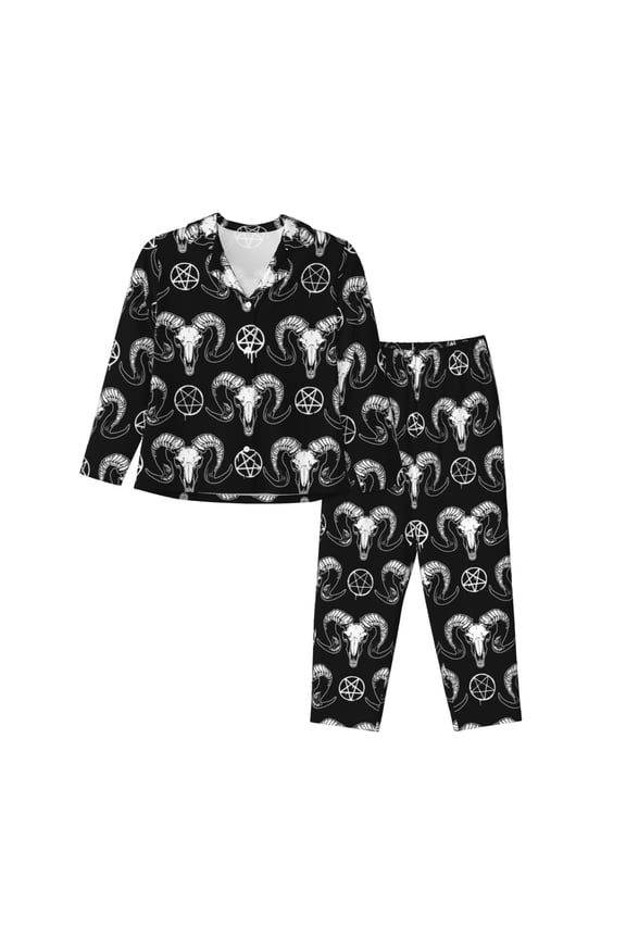 Pajamas for Women Set - Gothic Cool Goat Skull Comfy Long Sleeve Button Up Pajama Sets for Women 2 Piece, Soft Sleepwear Nightwear Pjs Lounge Sets for Women with Pockets
