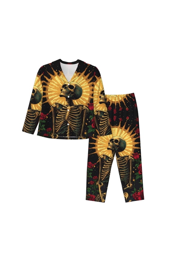 Pajamas for Women Set - Gothic Skeleton with Roses Comfy Long Sleeve Button Up Pajama Sets for Women 2 Piece, Soft Sleepwear Nightwear Pjs Lounge Sets for Women with Pockets