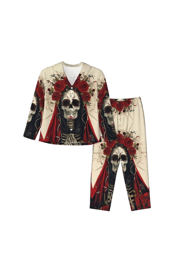 Pajamas for Women Set - Gothic Skull With Roses Comfy Long Sleeve Button Up Pajama Sets for Women 2 Piece, Soft Sleepwear Nightwear Pjs Lounge Sets for Women with Pockets