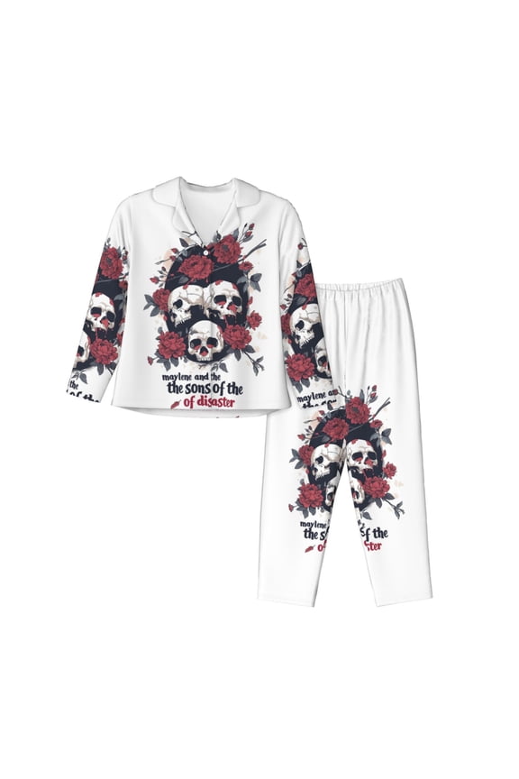 Pajamas for Women Set - Gothic Skulls And Roses Comfy Long Sleeve Button Up Pajama Sets for Women 2 Piece, Soft Sleepwear Nightwear Pjs Lounge Sets for Women with Pockets