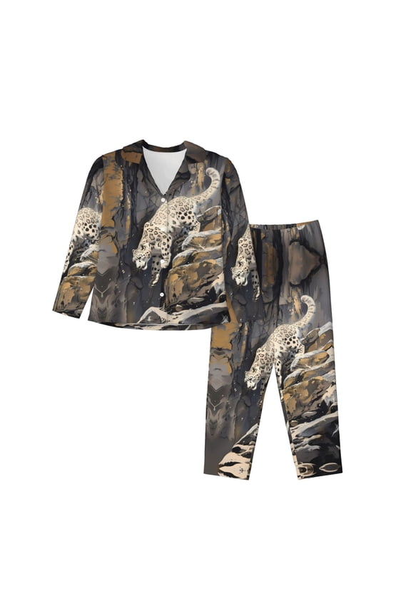 Pajamas for Women Set - Graceful Snow Leopard Comfy Long Sleeve Button Up Pajama Sets for Women 2 Piece, Soft Sleepwear Nightwear Pjs Lounge Sets for Women with Pockets