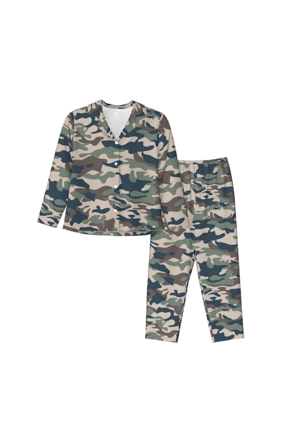 Pajamas for Women Set - Green Camouflage Print Comfy Long Sleeve Button Up Pajama Sets for Women 2 Piece, Soft Sleepwear Nightwear Pjs Lounge Sets for Women with Pockets