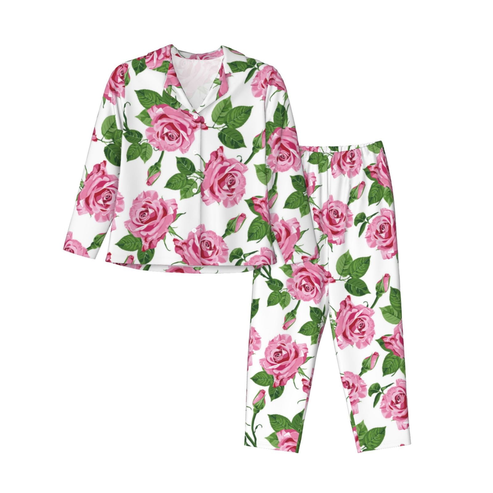 Pajamas for Women Set - Green Pink Rose Flowers Soft Comfy Long Sleeve ...