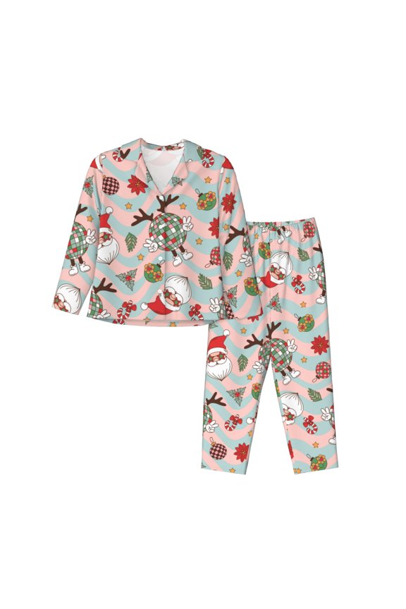 Pajamas for Women Set - Groovy Retro Santa Comfy Long Sleeve Button Up Pajama Sets for Women 2 Piece, Soft Sleepwear Nightwear Pjs Lounge Sets for Women with Pockets