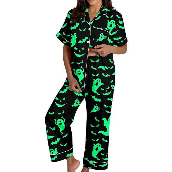 Pajamas For Women Set Halloween Silk Satshort Sleeve Button Up Top Shorts Comfortable Fall Winter Sleepwear Loungewear Nightwear Nightclothes Homewear