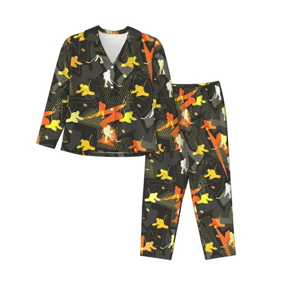 Pajamas for Women Set - Hockey sticks Dark gray Comfy Long Sleeve Button Up Pajama Sets for Women 2 Piece, Soft Sleepwear Nightwear Pjs Lounge Sets for Women with Pockets