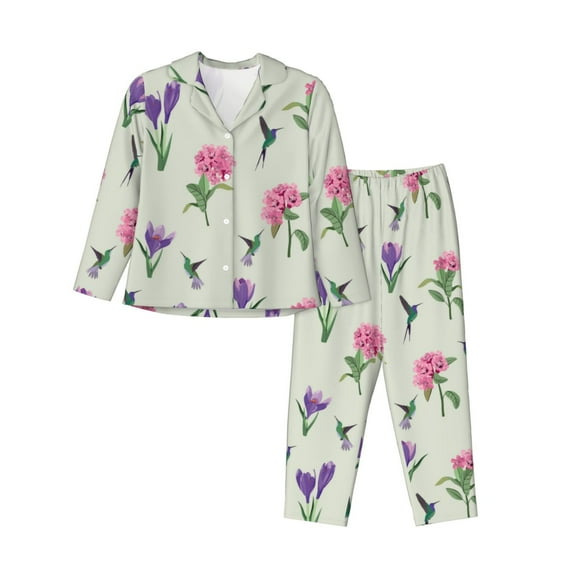 Pajamas for Women Set - Hummingbird No.9090 Comfy Long Sleeve Button Up Pajama Sets for Women 2 Piece, Soft Sleepwear Nightwear Pjs Lounge Sets for Women with Pockets