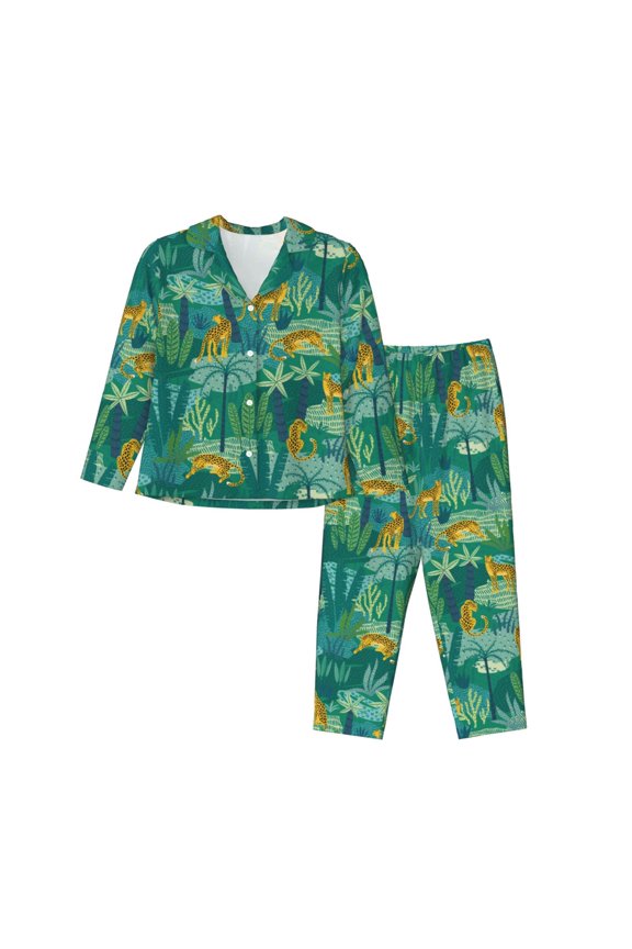 Pajamas for Women Set - Jungle leopard Comfy Long Sleeve Button Up Pajama Sets for Women 2 Piece, Soft Sleepwear Nightwear Pjs Lounge Sets for Women with Pockets