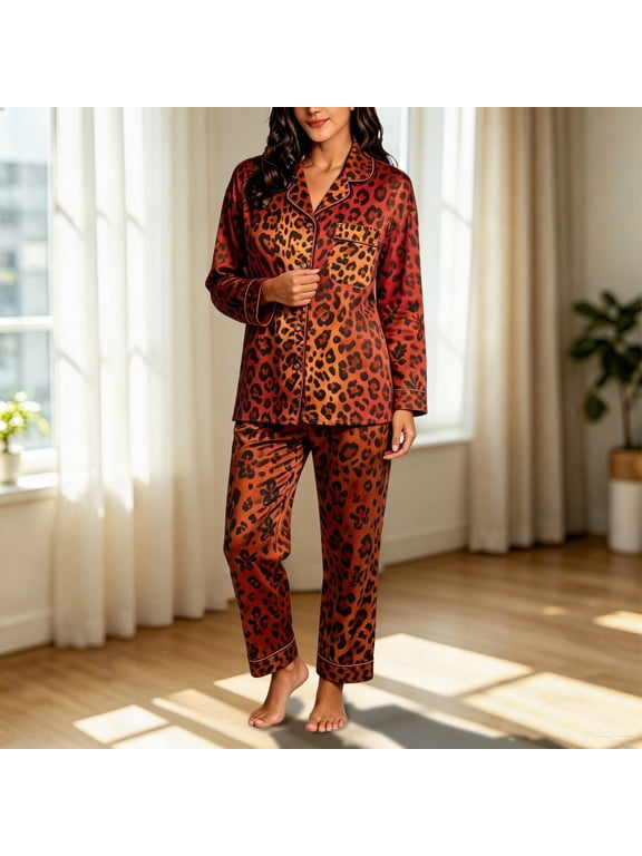Pajamas for Women Set Leopard Print Button Down Long Sleeve Lapel Top And Long Pants 2 Piece Loungewear Cheetah Graphic Sleepwear for Night Wear and Relaxing