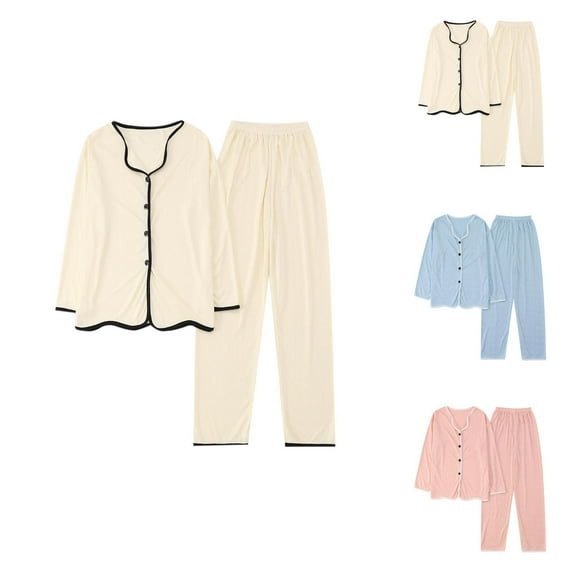 Pajamas for Women Set – Linen Lounge Sets & Travel Sleepwear Womens Autumn Winter Pajamas Long Pants Sleepwear Sets Soft Comfy Night Wear V Neck Loungewear Cute Two Piece Pajama Wear