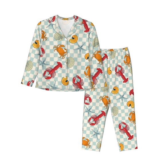 Pajamas for Women Set - Lobster Sea Shell Comfy Long Sleeve Button Up Pajama Sets for Women 2 Piece, Soft Sleepwear Nightwear Pjs Lounge Sets for Women with Pockets