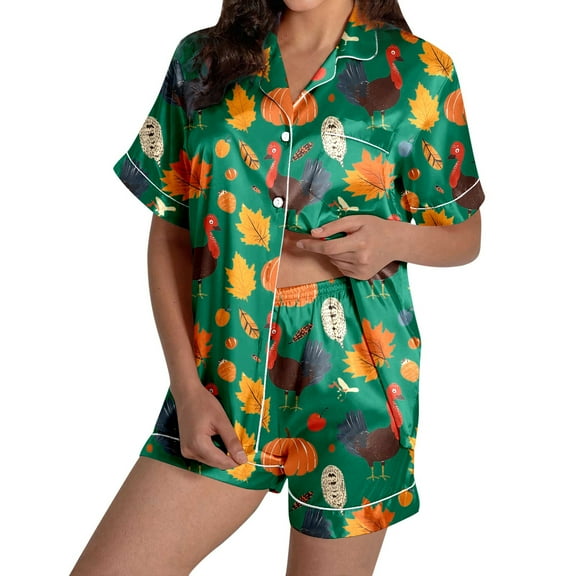 Pajamas for Women Set – Lounge Sets with Functional Button Top and Soft Bottoms for Restful Evenings Ladies' Thanksgiving Turkey Print Pajama Shorts Set 2024