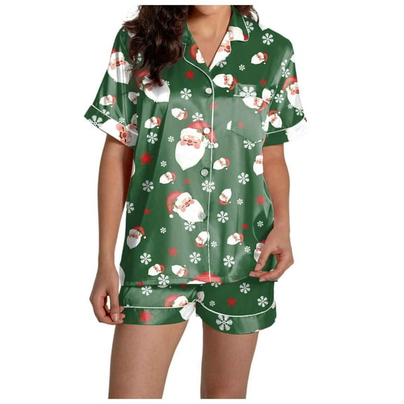 Pajamas for Women Set – Lounge Sets with High Waist Shorts and Button Front Top Ideal Weekend Relaxation Women's Casual Christmas Print Pajama Silk Satin Short Sleeve Up And