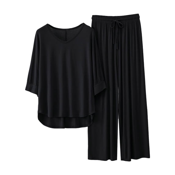 Pajamas for Women Set – Lounge Sets for Spa or Light Sleep Sets For Women 3/4 Length Sleeve V Neck Summer Tops Elastic Waist Wide Leg Pants Summer Outfits