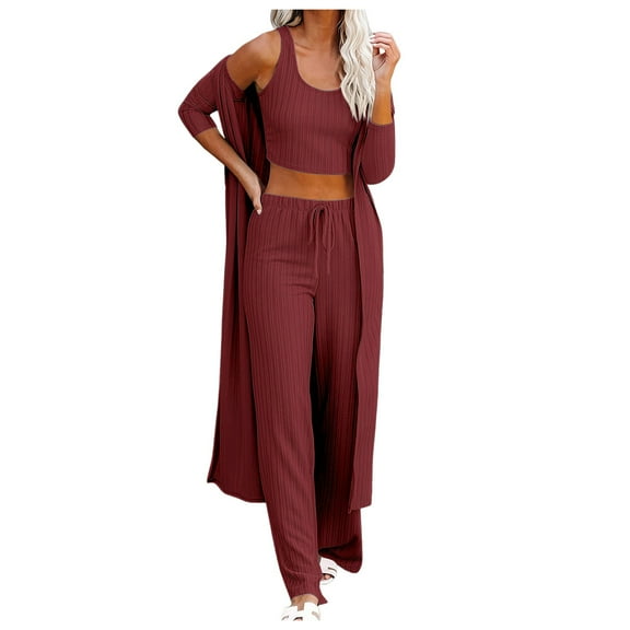 Pajamas for Women Set – Lounge Sets for Spa or Light Sleep Womens 3 Piece Sets Pajamas Knit Long Sleeve Cardigan Crop Top Wide Leg Pants Loungewear Set