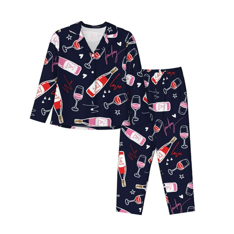 Pajamas for Women Set Love Wine Soft Comfy Long Sleeve Button Up Pajama Sets for Women 2 Piece Sleepwear Nightwear Pjs Lounge Sets for Women with