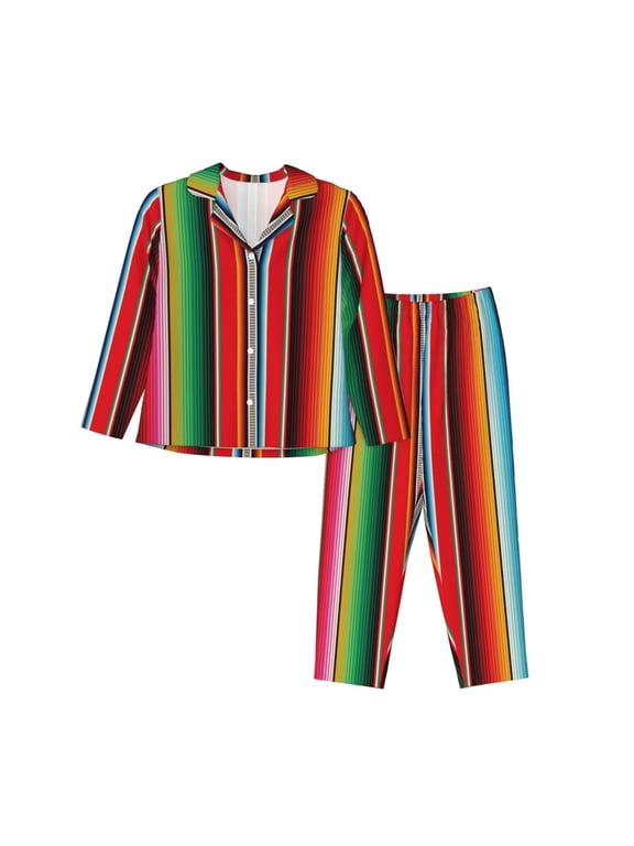 Pajamas for Women Set - Mexican Serape Blanket Stripes Comfy Long Sleeve Button Up Pajama Sets for Women 2 Piece, Soft Sleepwear Nightwear Pjs Lounge Sets for Women with Pockets