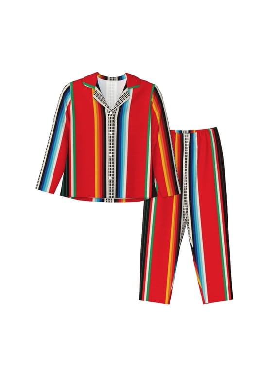 Pajamas for Women Set - Mexican Serape Blanket Stripes Comfy Long Sleeve Button Up Pajama Sets for Women 2 Piece, Soft Sleepwear Nightwear Pjs Lounge Sets for Women with Pockets