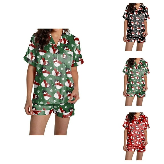 Pajamas for Women Set – Minimalist Sleepwear & Oversized Lounge Sets Women's Casual Christmas Print Pajama Set Silk Satin Short Sleeve Button Up Top And Shorts Set