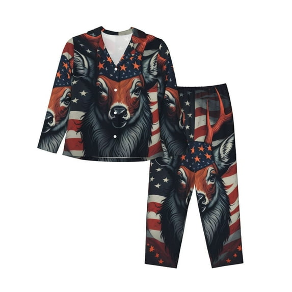Pajamas for Women Set - Modern USA Deer Head Comfy Long Sleeve Button Up Pajama Sets for Women 2 Piece, Soft Sleepwear Nightwear Pjs Lounge Sets for Women with Pockets
