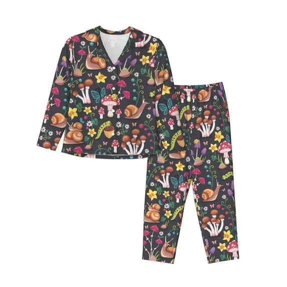 Pajamas for Women Set - Mushrooms Snails Butterflies Comfy Long Sleeve Button Up Pajama Sets for Women 2 Piece, Soft Sleepwear Nightwear Pjs Lounge Sets for Women with Pockets