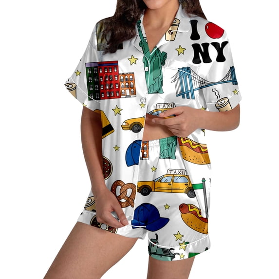Pajamas for Women Set New York City Landmark Cartoon All Over Print Graphic Printed Button Down Notch Collar Short Sleeve Shirts and Shorts Summer Loungewear Size S-XXL