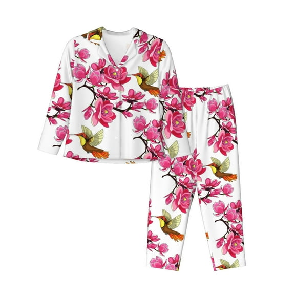 Pajamas for Women Set - Pink Magnolia Hummingbird Comfy Long Sleeve Button Up Pajama Sets for Women 2 Piece, Soft Sleepwear Nightwear Pjs Lounge Sets for Women with Pockets