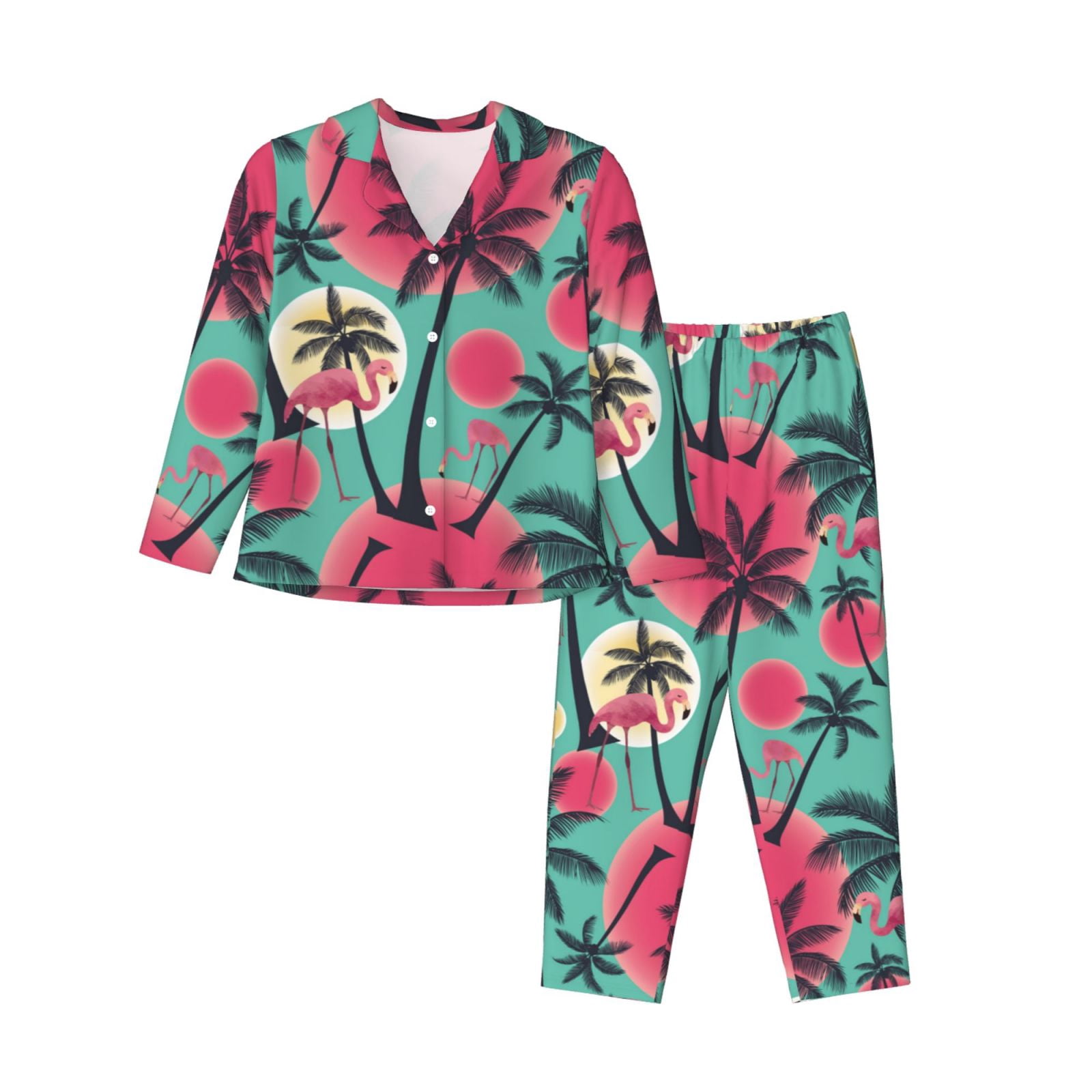 Pajamas for Women Set - Red Bird palm trees Soft Comfy Long Sleeve ...