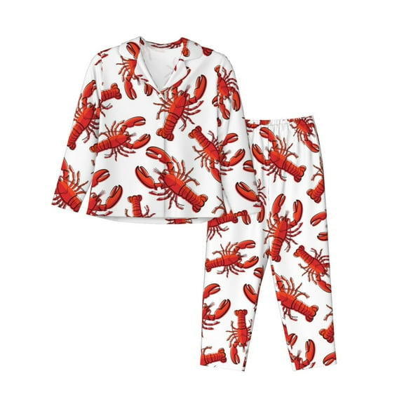Pajamas for Women Set - Red Lobster print Comfy Long Sleeve Button Up Pajama Sets for Women 2 Piece, Soft Sleepwear Nightwear Pjs Lounge Sets for Women with Pockets