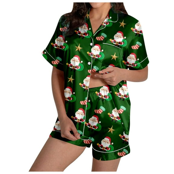 Pajamas for Women Set – Relaxing Sleepwear Sets for Spa, Travel or Home Life Women's Santa Print Short Sleeve Shirt & Shorts Pajama Set Festive Sleepwear Combo