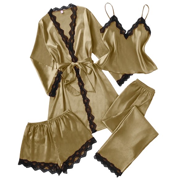 Pajamas for Women Set Satin Pjs for Women Set Women's Pajamas Womans Robe Sleep Sets for Women Women's 4pcs Sleepwear Satin Floral Lace Trim Cami Pajama Set With Robe, Champagne-XL