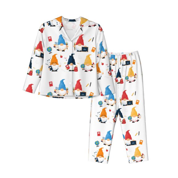 Pajamas for Women Set - School Cute Gnomes Comfy Long Sleeve Button Up Pajama Sets for Women 2 Piece, Soft Sleepwear Nightwear Pjs Lounge Sets for Women with Pockets