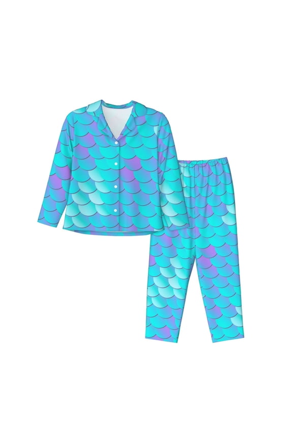 Pajamas for Women Set - Sequins texture blue fish scale Comfy Long Sleeve Button Up Pajama Sets for Women 2 Piece, Soft Sleepwear Nightwear Pjs Lounge Sets for Women with Pockets
