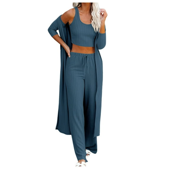 Pajamas for Women Set – Stylish Lounge Sets for Light Travel or At-Home Rest Womens 3 Piece Sets Pajamas Knit Long Sleeve Cardigan Crop Top Wide Leg Pants Loungewear Set