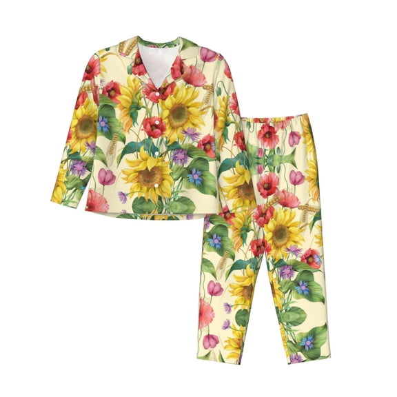 Pajamas for Women Set - Sunflower Cornflower Poppy Comfy Long Sleeve Button Up Pajama Sets for Women 2 Piece, Soft Sleepwear Nightwear Pjs Lounge Sets for Women with Pockets