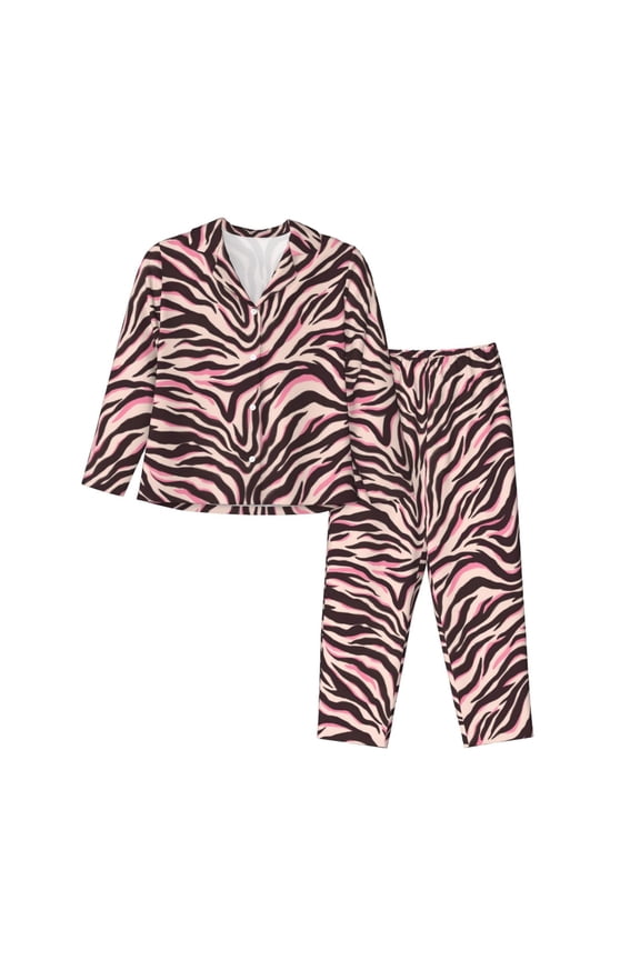 Pajamas for Women Set - Tiger zebra stripes print pink Comfy Long Sleeve Button Up Pajama Sets for Women 2 Piece, Soft Sleepwear Nightwear Pjs Lounge Sets for Women with Pockets