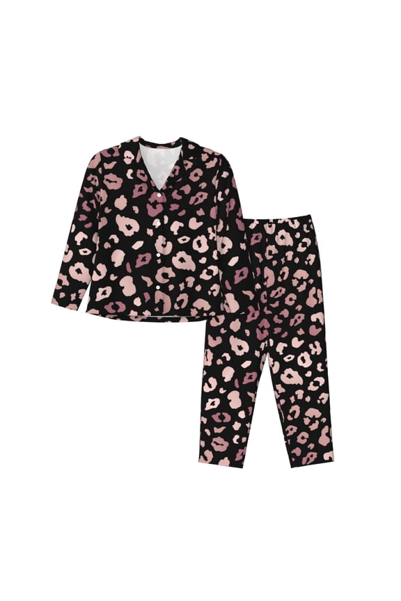 Pajamas for Women Set - Trendy shiny rose gold leopard Comfy Long Sleeve Button Up Pajama Sets for Women 2 Piece, Soft Sleepwear Nightwear Pjs Lounge Sets for Women with Pockets