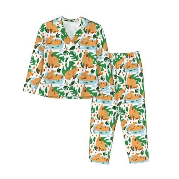 Pajamas for Women Set - Tropical Capybara Comfy Long Sleeve Button Up Pajama Sets for Women 2 Piece, Soft Sleepwear Nightwear Pjs Lounge Sets for Women with Pockets