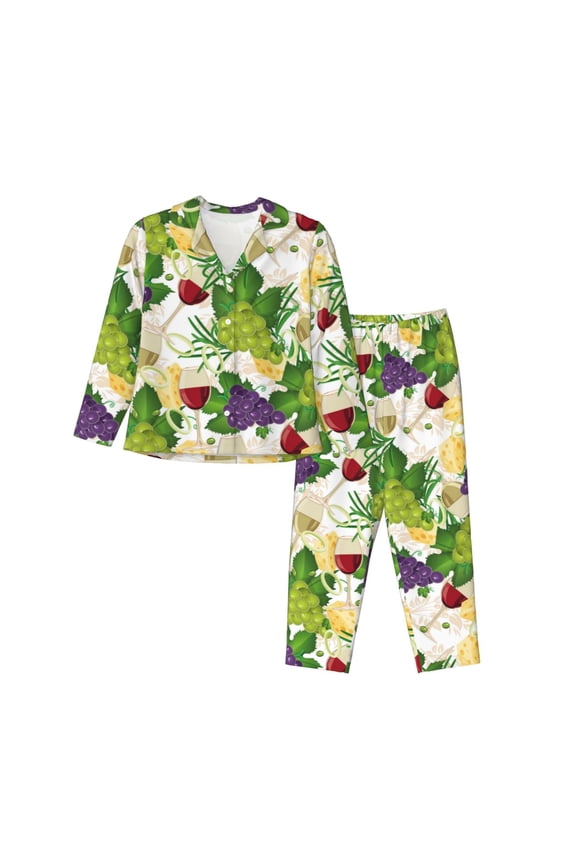 Pajamas for Women Set - Wine Bottle Grape Comfy Long Sleeve Button Up Pajama Sets for Women 2 Piece, Soft Sleepwear Nightwear Pjs Lounge Sets for Women with Pockets