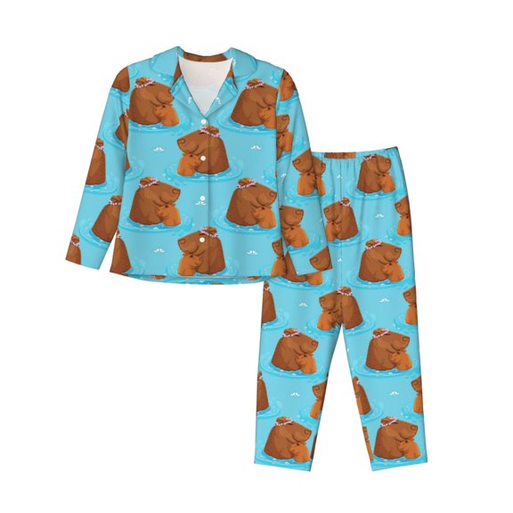Pajamas for Women Set - capybara family bathing cute blue Comfy Long Sleeve Button Up Pajama Sets for Women 2 Piece, Soft Sleepwear Nightwear Pjs Lounge Sets for Women with Pockets