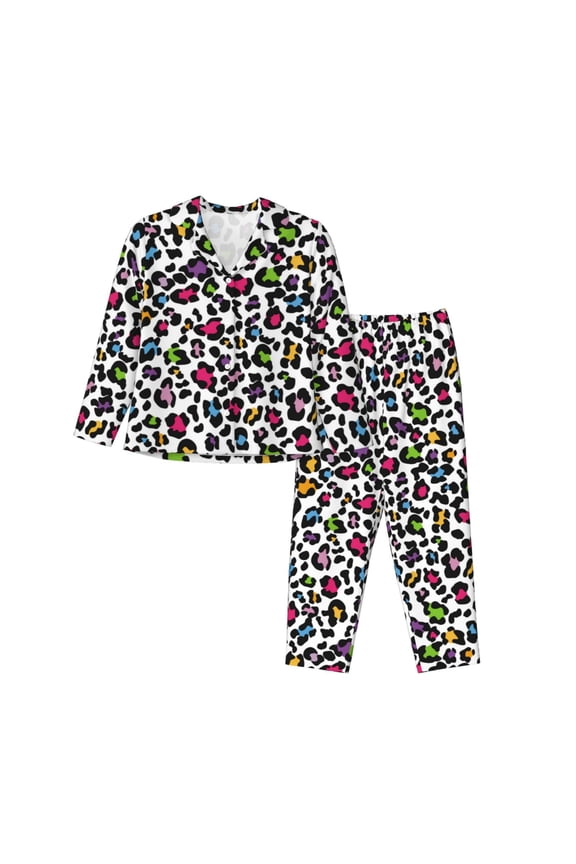 Pajamas for Women Set - colorful leopard print Comfy Long Sleeve Button Up Pajama Sets for Women 2 Piece, Soft Sleepwear Nightwear Pjs Lounge Sets for Women with Pockets