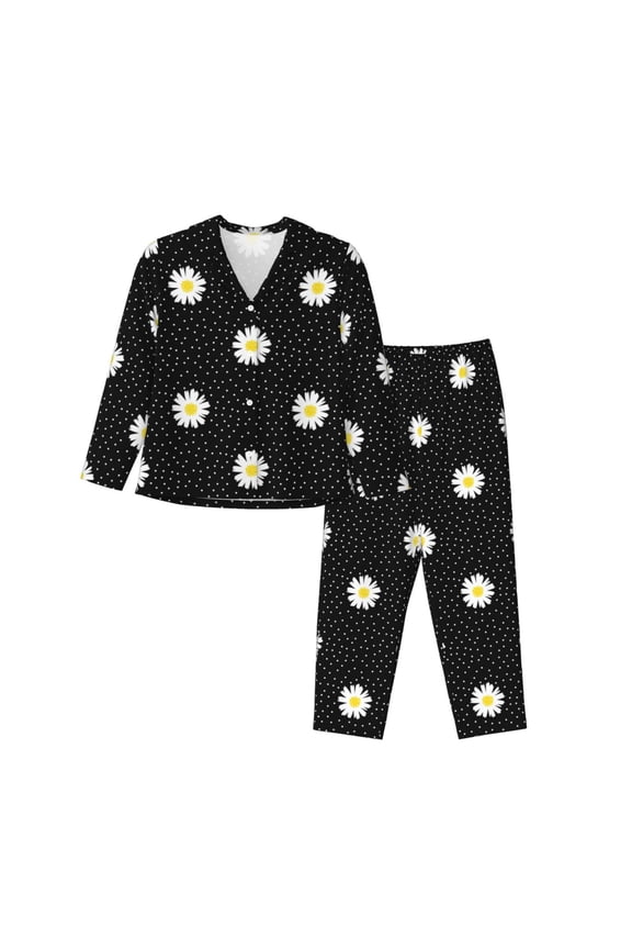 Pajamas for Women Set - daisy polka dot dotted black Comfy Long Sleeve Button Up Pajama Sets for Women 2 Piece, Soft Sleepwear Nightwear Pjs Lounge Sets for Women with Pockets